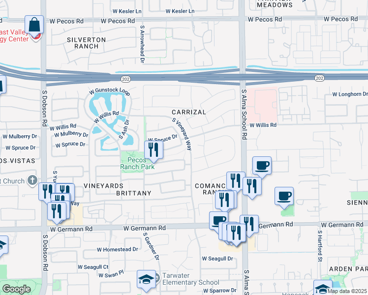 map of restaurants, bars, coffee shops, grocery stores, and more near 1321 West Maplewood Street in Chandler