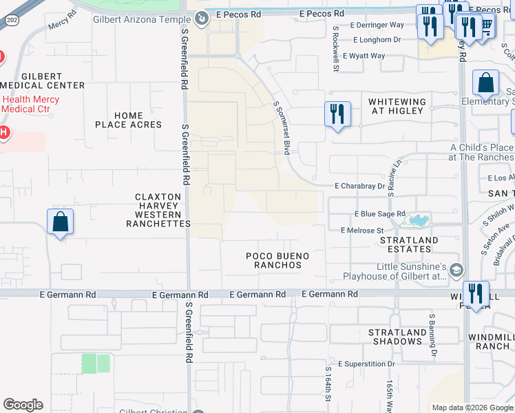 map of restaurants, bars, coffee shops, grocery stores, and more near 2606 East Blue Sage Road in Gilbert