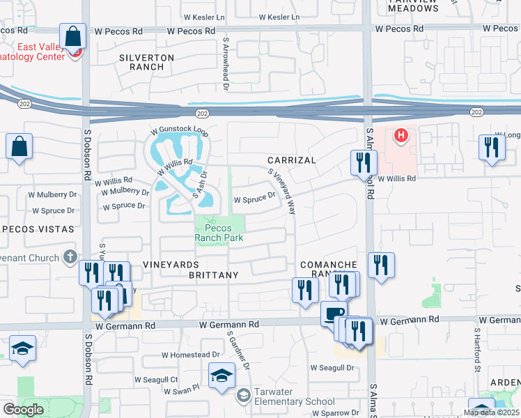 map of restaurants, bars, coffee shops, grocery stores, and more near 1380 West Maplewood Street in Chandler