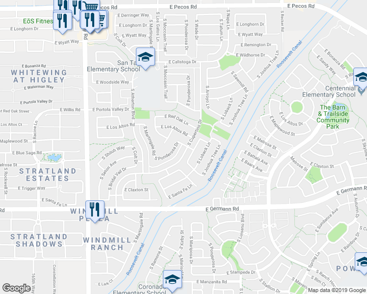 map of restaurants, bars, coffee shops, grocery stores, and more near 3756 South Cupertino Drive in Gilbert