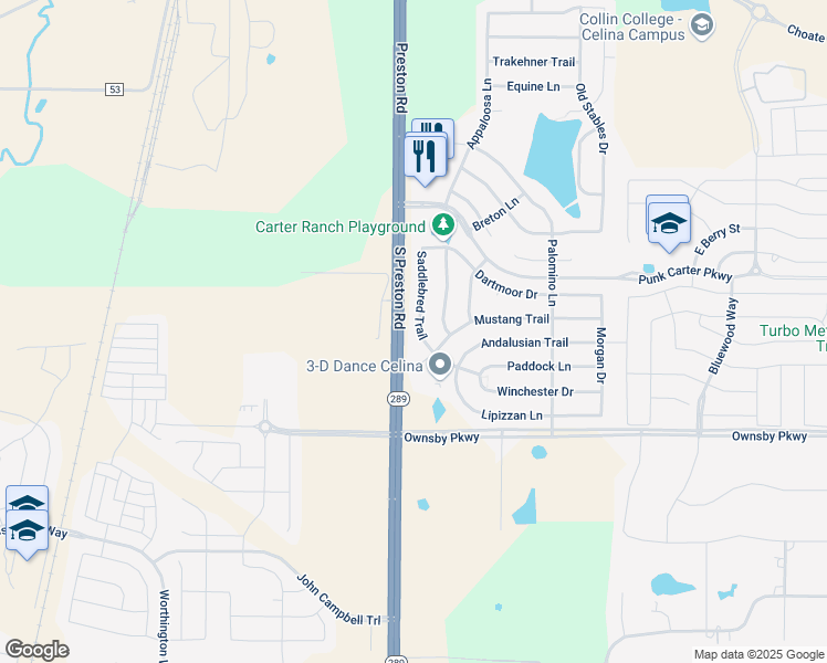 map of restaurants, bars, coffee shops, grocery stores, and more near 2837 Saddlebred Trail in Celina