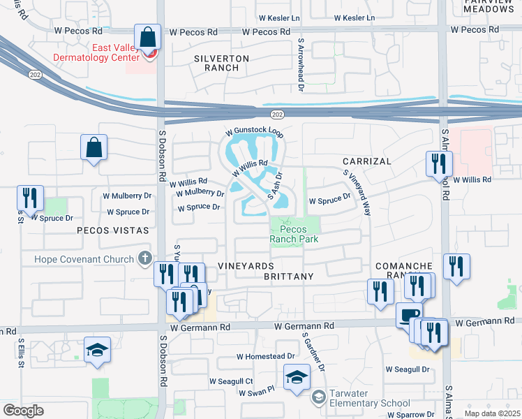 map of restaurants, bars, coffee shops, grocery stores, and more near 1653 South Ash Drive in Chandler