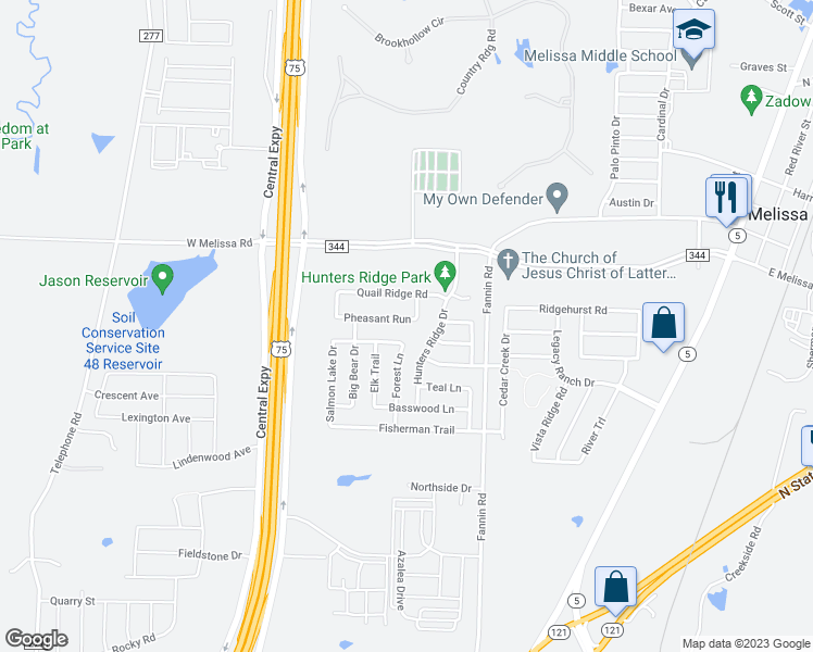 map of restaurants, bars, coffee shops, grocery stores, and more near 2404 Pheasant Run in Melissa