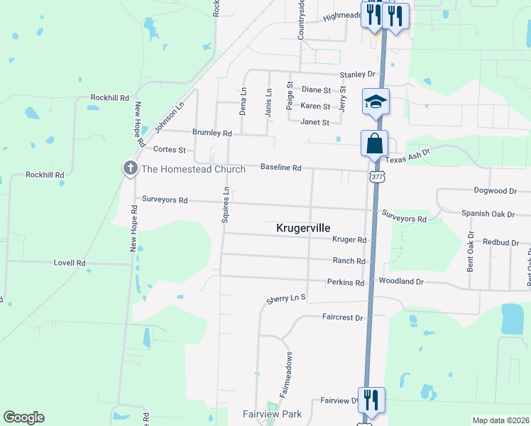 map of restaurants, bars, coffee shops, grocery stores, and more near 301 Surveyors Road in Krugerville