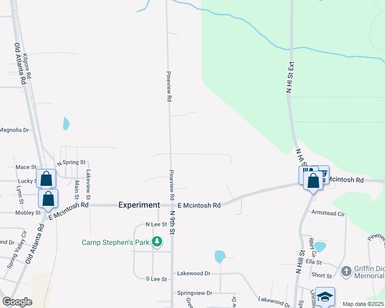 map of restaurants, bars, coffee shops, grocery stores, and more near 404 East Northwood Drive in Griffin