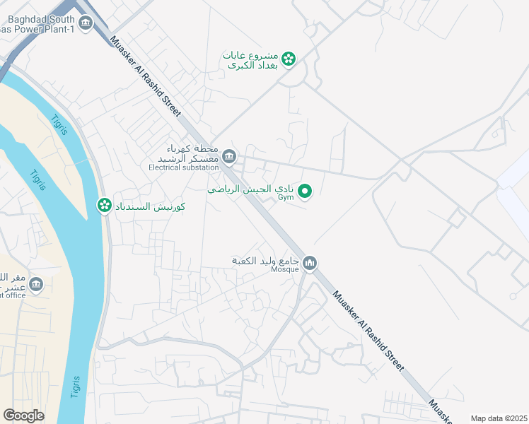 map of restaurants, bars, coffee shops, grocery stores, and more near Muasker Al Rashid Street in Baghdad