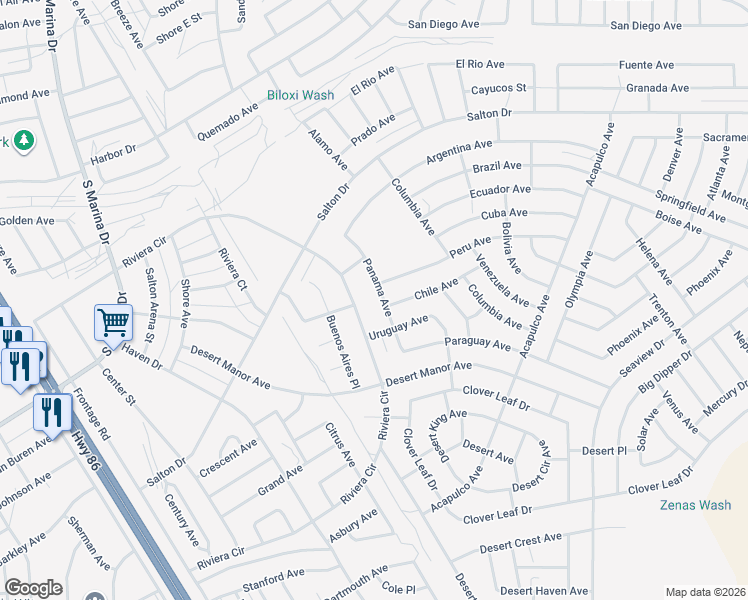 map of restaurants, bars, coffee shops, grocery stores, and more near 2133 Panama Avenue in Thermal