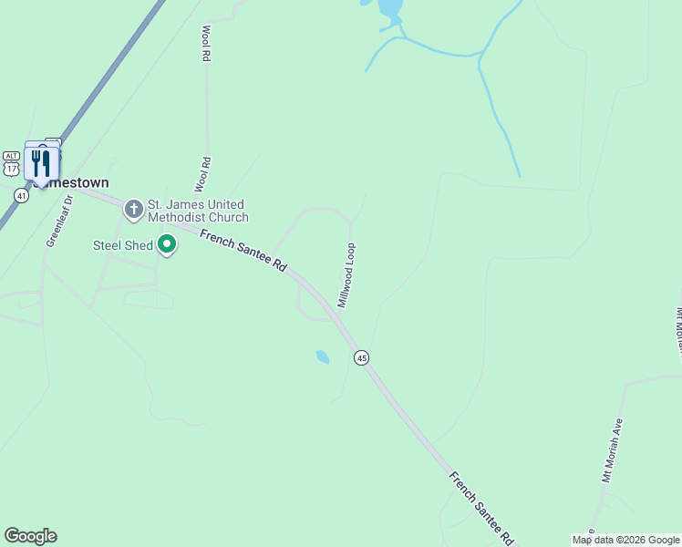 map of restaurants, bars, coffee shops, grocery stores, and more near 1094 Millwood Loop in Jamestown