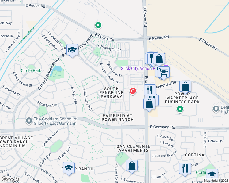 map of restaurants, bars, coffee shops, grocery stores, and more near 4629 East Blue Sage Road in Gilbert