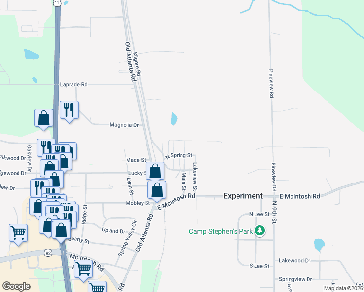 map of restaurants, bars, coffee shops, grocery stores, and more near 341 Main Street in Griffin
