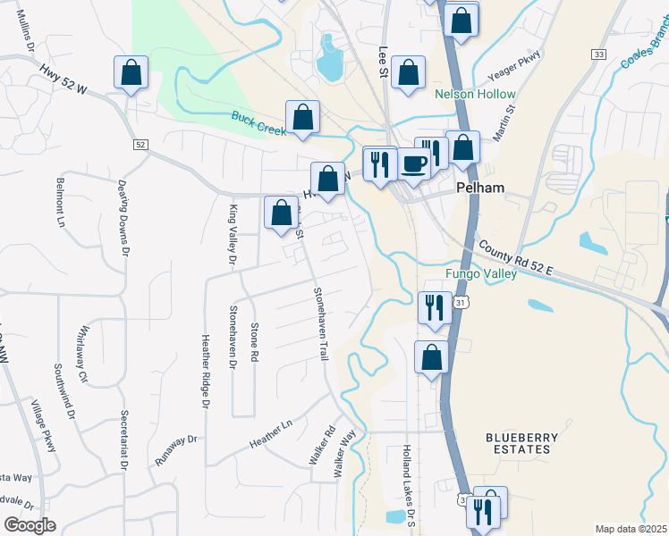 map of restaurants, bars, coffee shops, grocery stores, and more near 110 Stonehaven Drive in Pelham