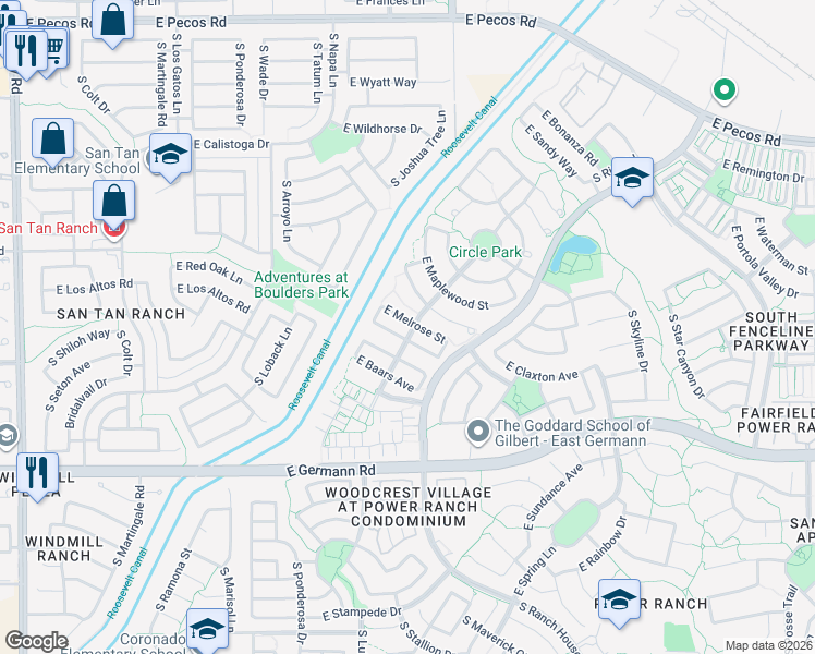 map of restaurants, bars, coffee shops, grocery stores, and more near 3918 East Claxton Avenue in Gilbert