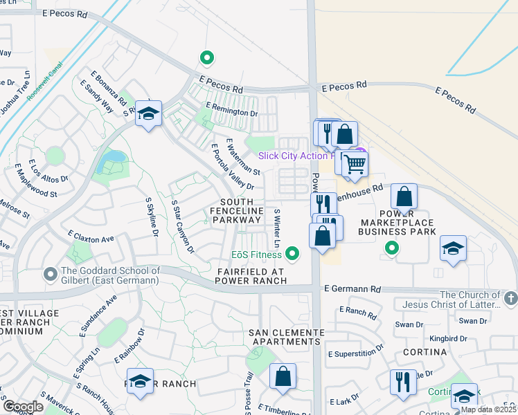 map of restaurants, bars, coffee shops, grocery stores, and more near 4629 East Blue Sage Road in Gilbert