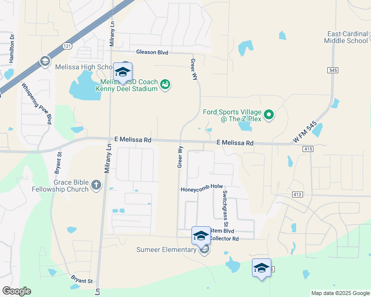 map of restaurants, bars, coffee shops, grocery stores, and more near 2601 Lovegrass Lane in Melissa