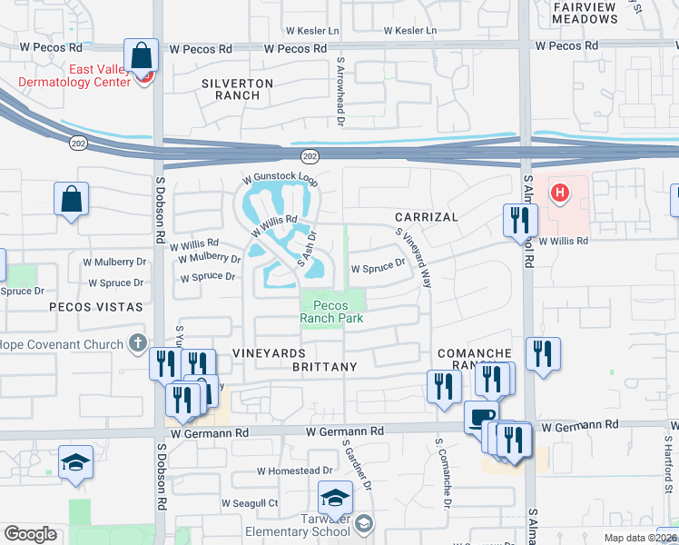 map of restaurants, bars, coffee shops, grocery stores, and more near 1450 West Maplewood Street in Chandler