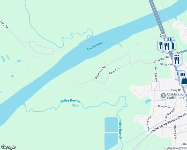 map of restaurants, bars, coffee shops, grocery stores, and more near 137 River Run Road in Childersburg