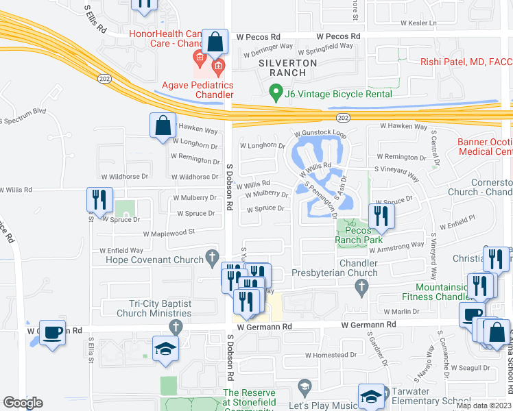 map of restaurants, bars, coffee shops, grocery stores, and more near 1892 West Spruce Drive in Chandler