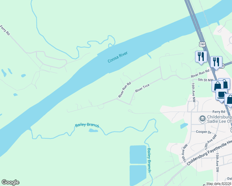map of restaurants, bars, coffee shops, grocery stores, and more near 137 River Run Road in Childersburg