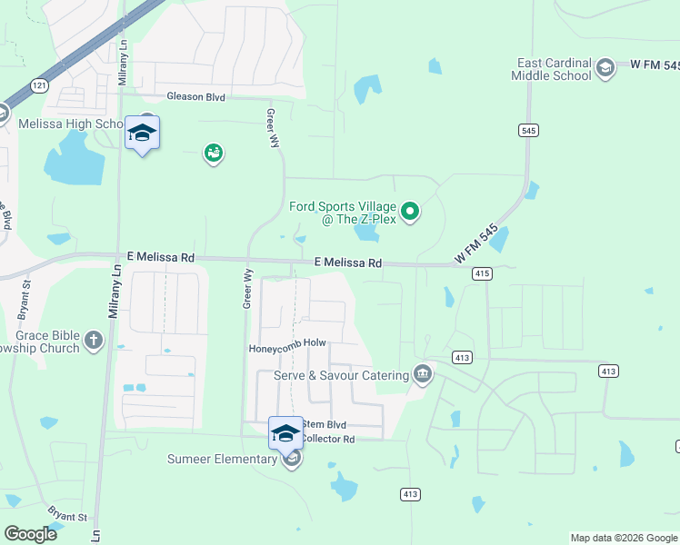 map of restaurants, bars, coffee shops, grocery stores, and more near 4005 East Melissa Road in Melissa