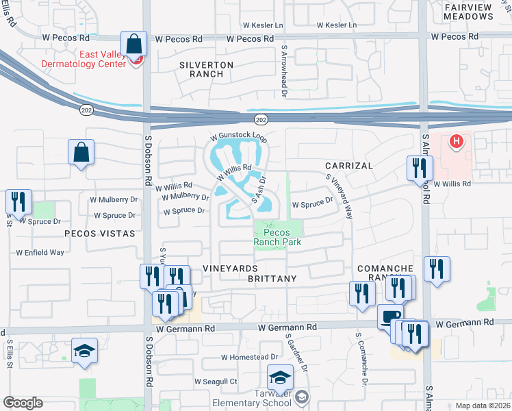 map of restaurants, bars, coffee shops, grocery stores, and more near 1653 South Ash Drive in Chandler