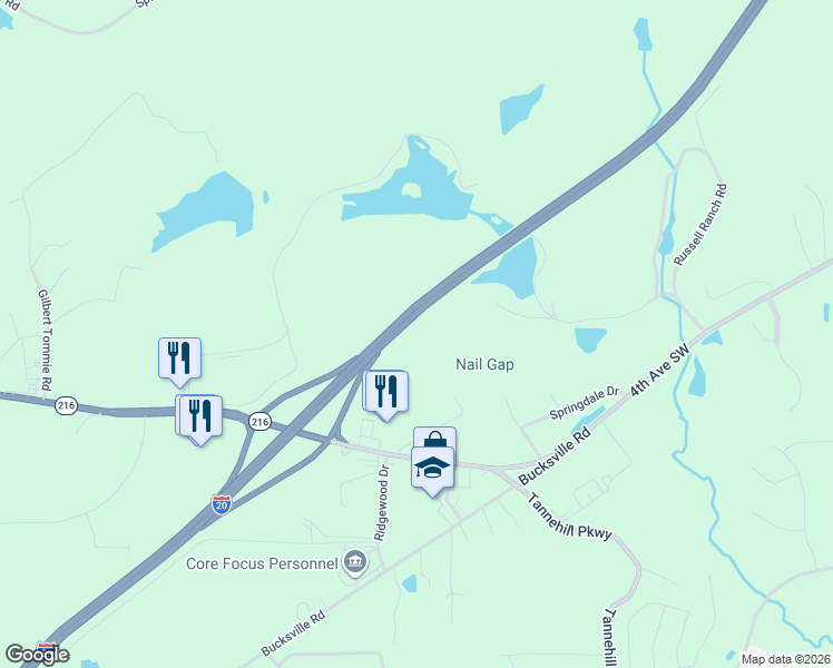 map of restaurants, bars, coffee shops, grocery stores, and more near 22526 Alabama 216 in McCalla