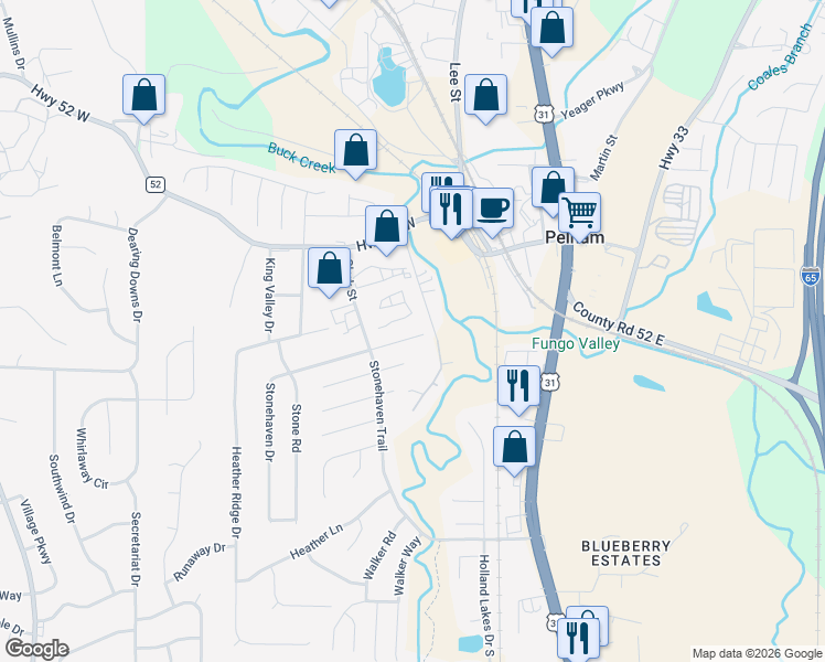map of restaurants, bars, coffee shops, grocery stores, and more near 104 Stonehaven Drive in Pelham