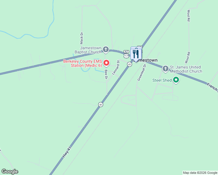 map of restaurants, bars, coffee shops, grocery stores, and more near 1020 Bee Drive in Jamestown