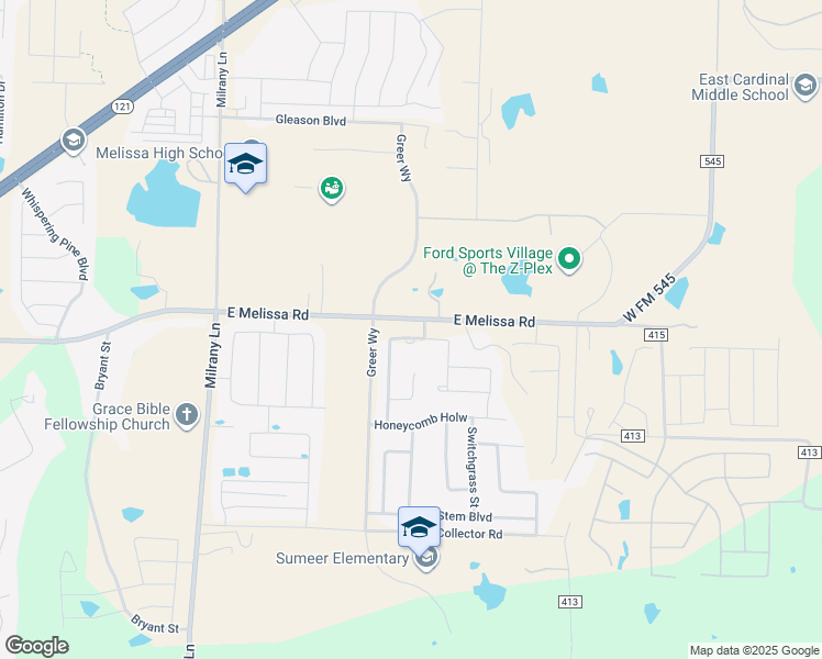 map of restaurants, bars, coffee shops, grocery stores, and more near 3811 Creekdale Drive in Melissa