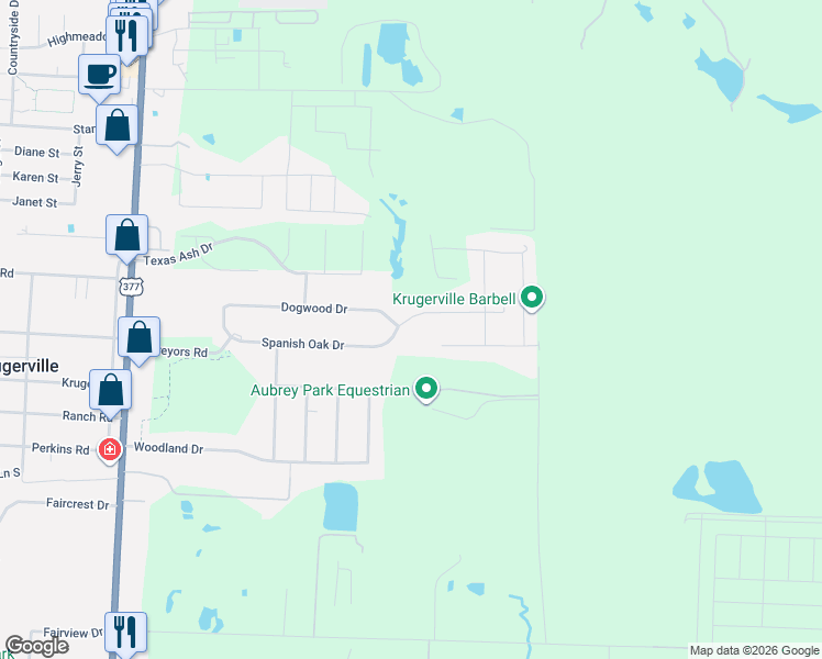 map of restaurants, bars, coffee shops, grocery stores, and more near 154 Spanish Oak Drive in Aubrey