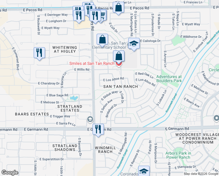 map of restaurants, bars, coffee shops, grocery stores, and more near 3307 East Maplewood Street in Gilbert