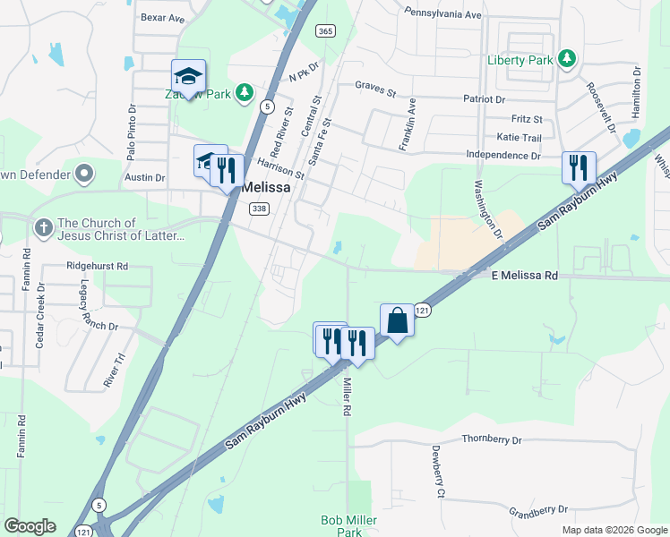 map of restaurants, bars, coffee shops, grocery stores, and more near 1831 East Melissa Road in Melissa