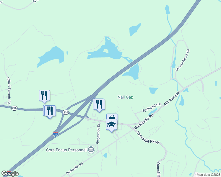 map of restaurants, bars, coffee shops, grocery stores, and more near 22526 Alabama 216 in McCalla