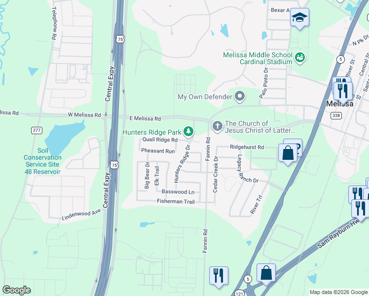map of restaurants, bars, coffee shops, grocery stores, and more near 511 Hunters Ridge Drive in Melissa