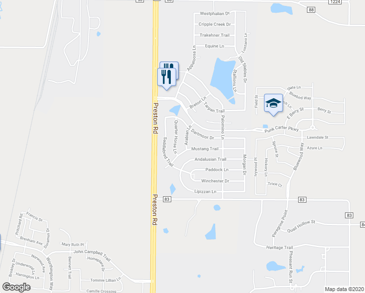 map of restaurants, bars, coffee shops, grocery stores, and more near 2817 Arabian Lane in Celina