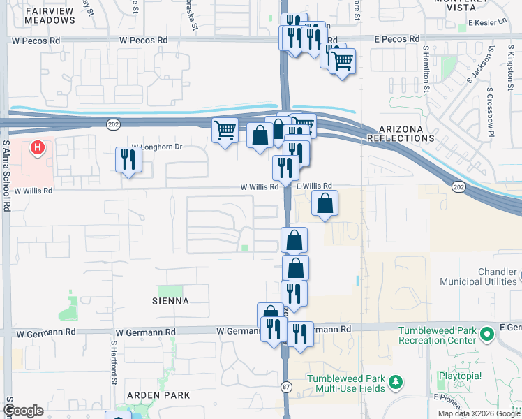 map of restaurants, bars, coffee shops, grocery stores, and more near 7 West Willis Road in Chandler
