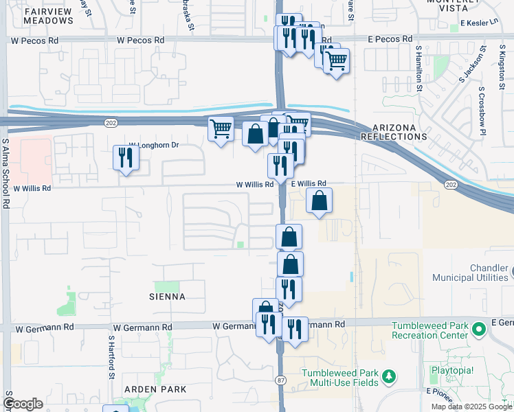 map of restaurants, bars, coffee shops, grocery stores, and more near 7 West Willis Road in Chandler