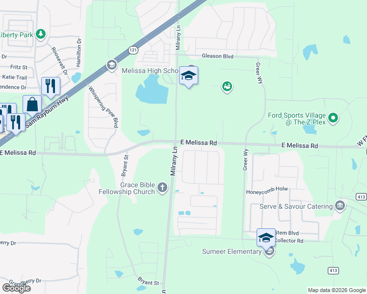 map of restaurants, bars, coffee shops, grocery stores, and more near 3600 West FM 545 in Melissa