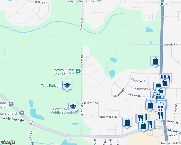map of restaurants, bars, coffee shops, grocery stores, and more near 103 Biencourt Drive in Griffin