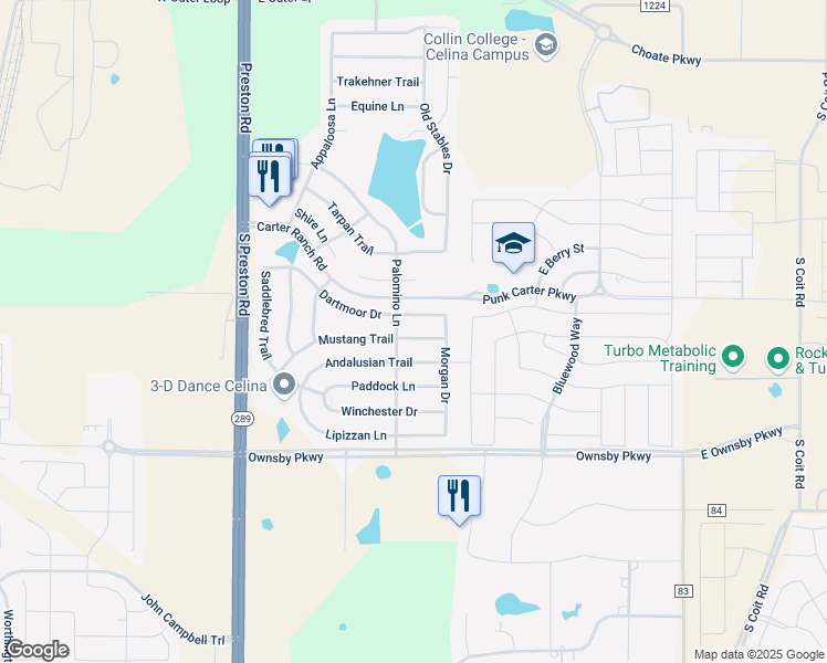 map of restaurants, bars, coffee shops, grocery stores, and more near 506 Dartmoor Drive in Celina