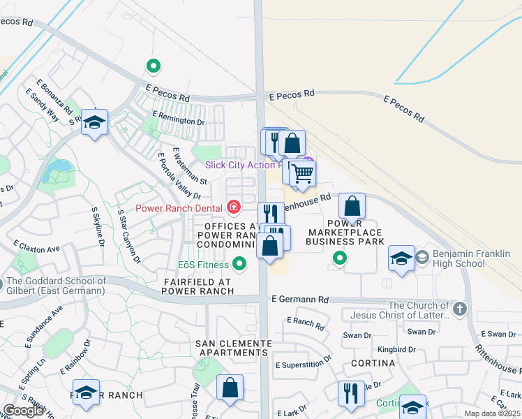 map of restaurants, bars, coffee shops, grocery stores, and more near E Rittenhouse Rd & S Power Rd in Gilbert