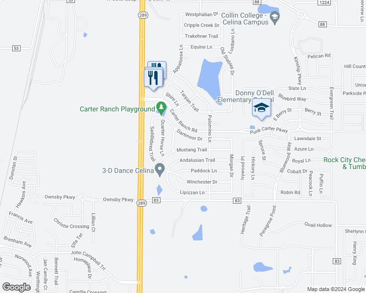 map of restaurants, bars, coffee shops, grocery stores, and more near 408 Mustang Trail in Celina
