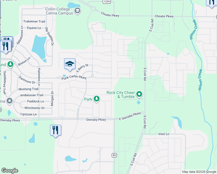 map of restaurants, bars, coffee shops, grocery stores, and more near 1104 Lawndale Street in Celina