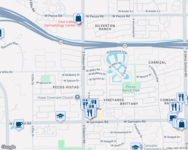 map of restaurants, bars, coffee shops, grocery stores, and more near 1890 West Mulberry Drive in Chandler