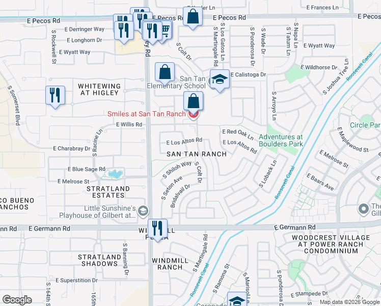 map of restaurants, bars, coffee shops, grocery stores, and more near 3719 South Colt Drive in Gilbert