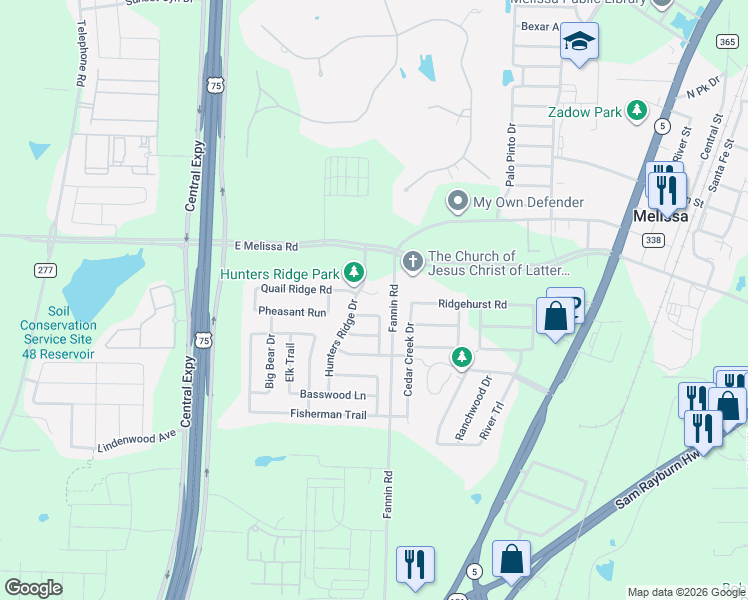 map of restaurants, bars, coffee shops, grocery stores, and more near 2503 Deer Run in Melissa