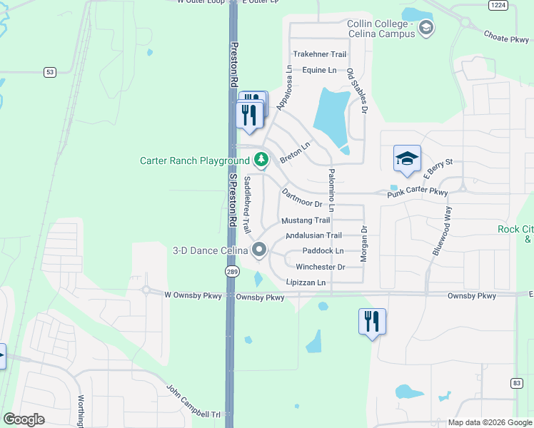 map of restaurants, bars, coffee shops, grocery stores, and more near 2816 Quarter Horse Lane in Celina