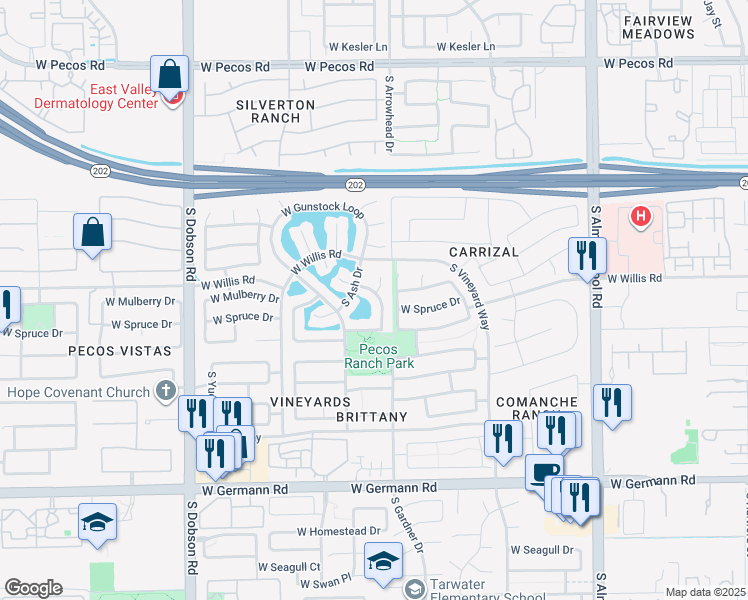map of restaurants, bars, coffee shops, grocery stores, and more near 1619 South Sycamore Place in Chandler