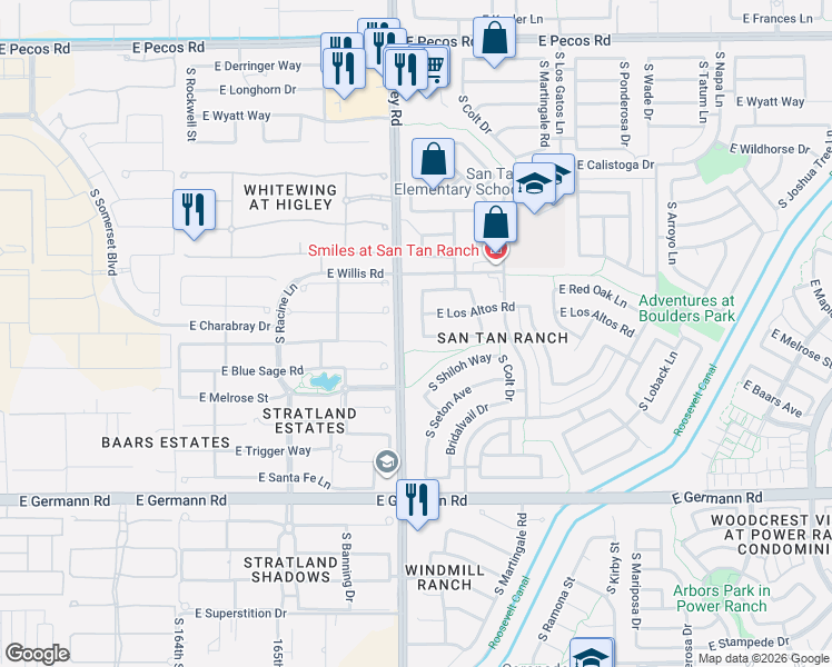 map of restaurants, bars, coffee shops, grocery stores, and more near 3688 South Seton Avenue in Gilbert