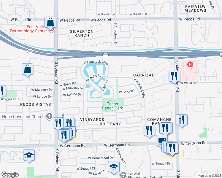 map of restaurants, bars, coffee shops, grocery stores, and more near 1619 South Sycamore Place in Chandler