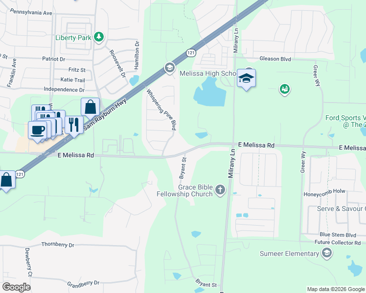 map of restaurants, bars, coffee shops, grocery stores, and more near 3307 Farm to Market Road 545 in Melissa